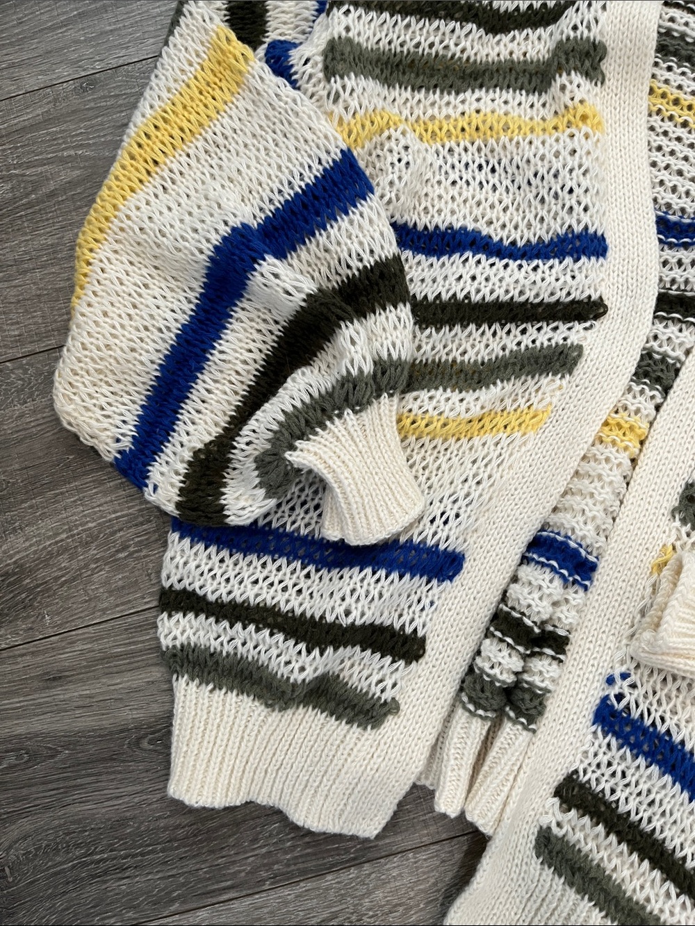 aerie Cream Open-Front Cardigan with Blue, Green & Yellow Stripes - Picture 2 of 4